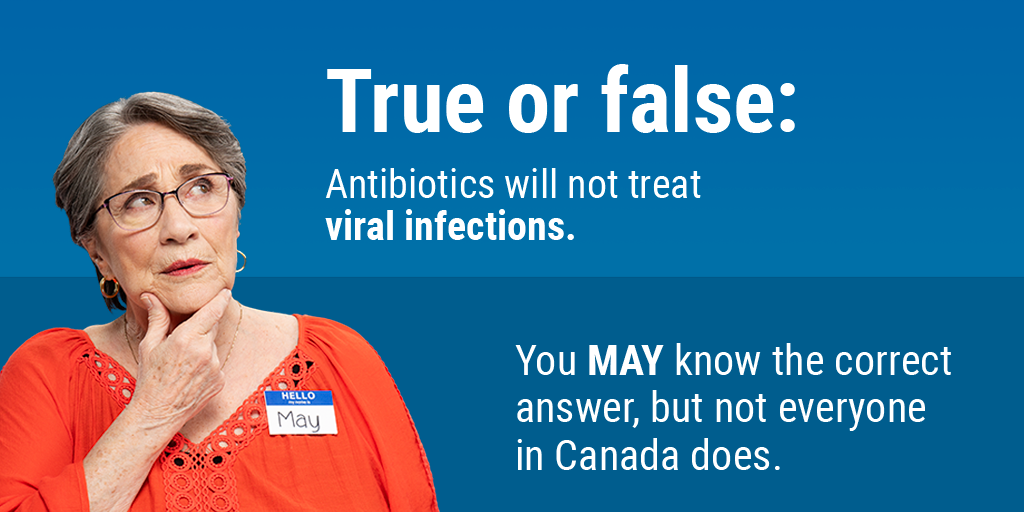 An older woman with a nametag reading "May" holds her hand to her chin as if contemplating something. Text reads "True or false: Antibiotics will not treat viral infections. You MAY know the correct answer, but not everyone in Canada does."